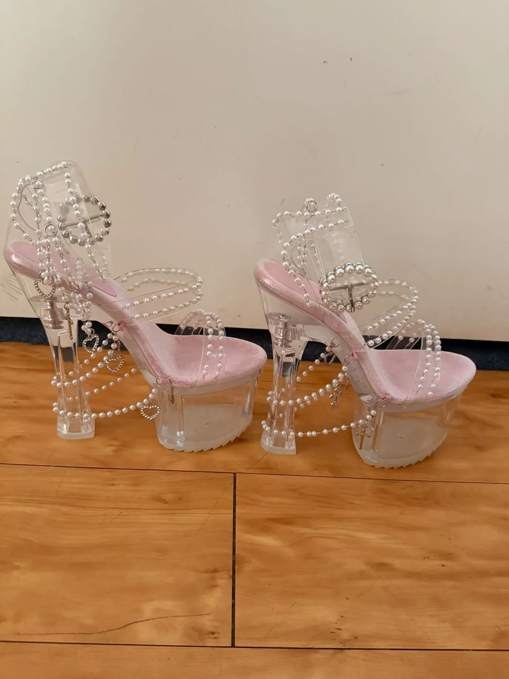 Dolls Kill Holy Revelation Pearl-Embellished Pink Platform Heels